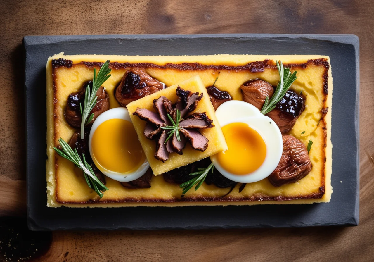 Polenta Squares with Fried Egg and Duck