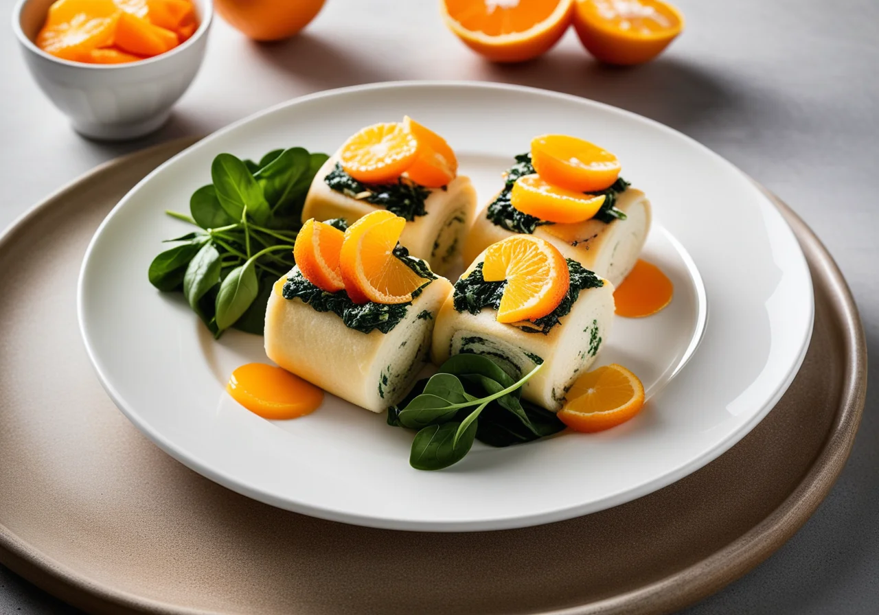 Sea bass rolls with spinach, carrots and oranges