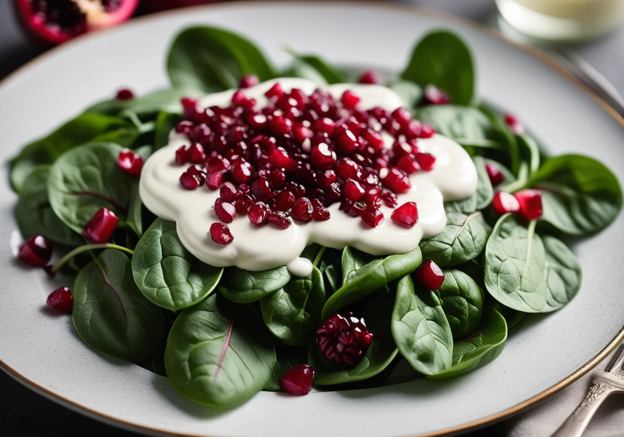 Spinach Salad with Yogurt and Pomegranate Seeds