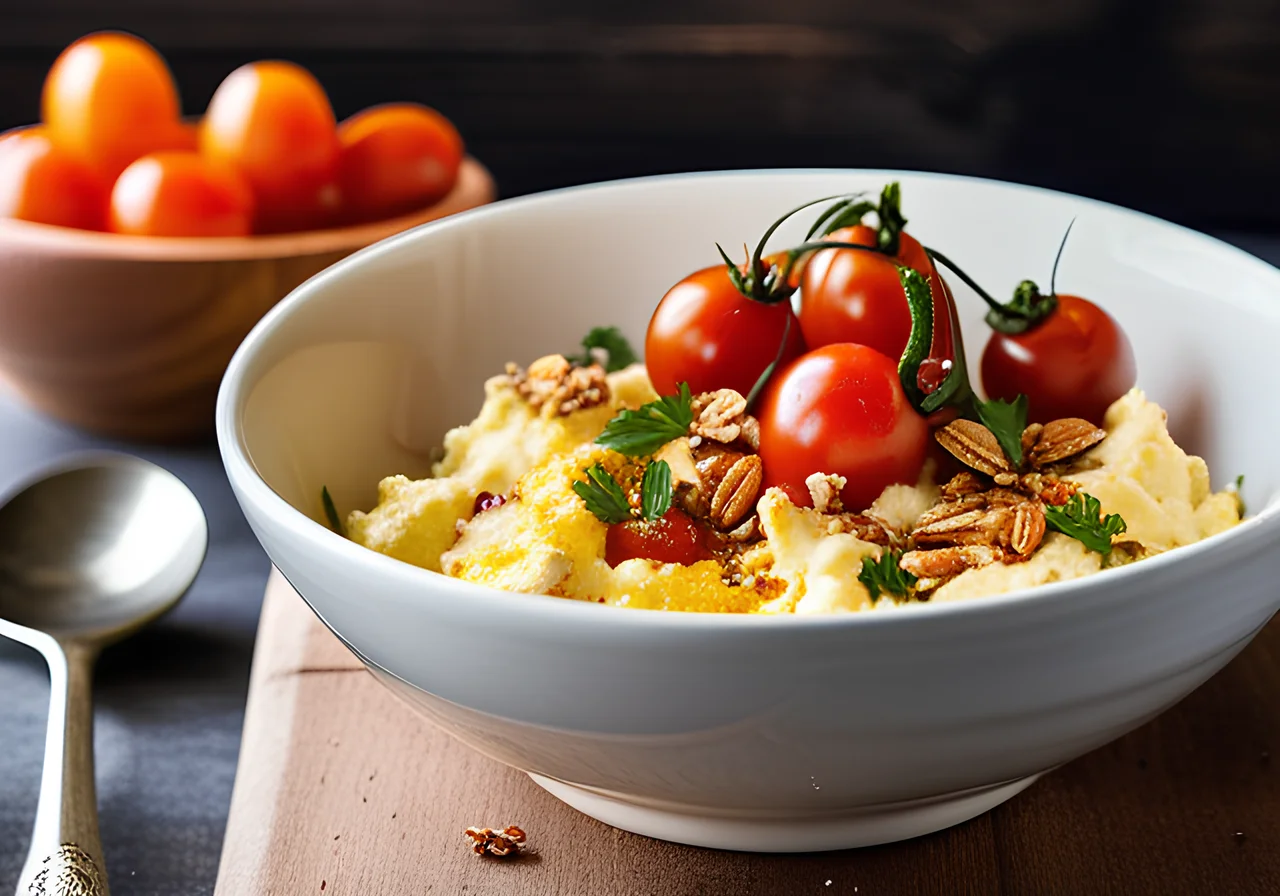 Savory Breakfast Bowl with Scrambled Eggs, Oven‑Roasted Tomatoes and Oat‑Nut Topping