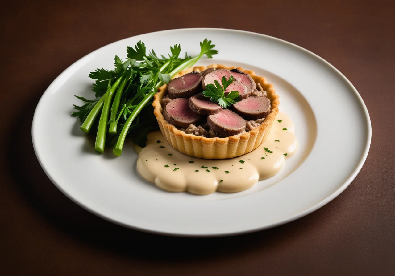Veal Medallions in Leek Mantle with Mushroom Tart