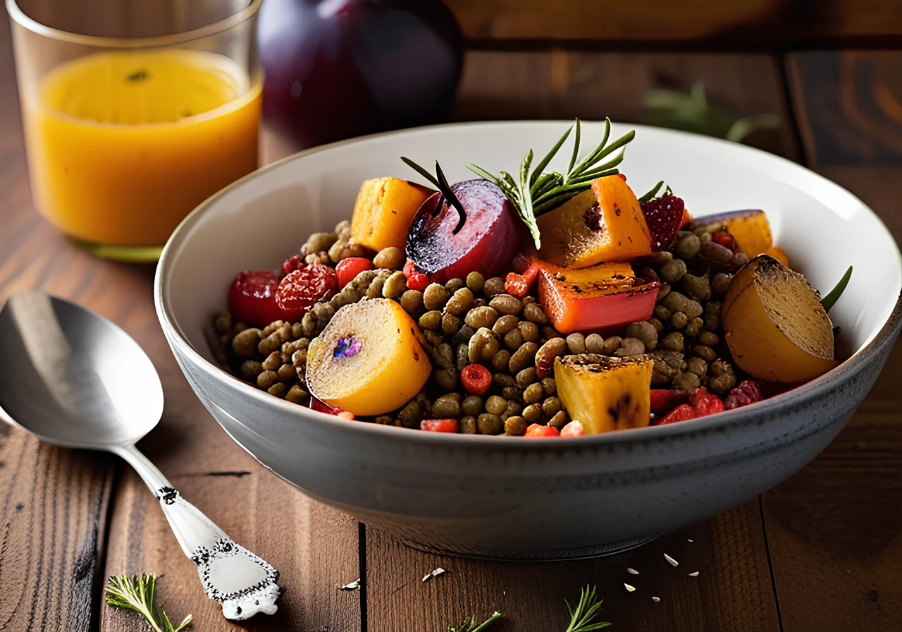 Lentil Oven Vegetable Salad with Poppy Seed and Plum Dressing