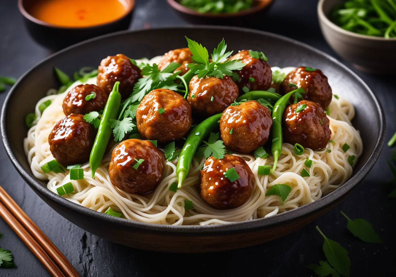 Rice noodles with spicy poultry meatball sauce