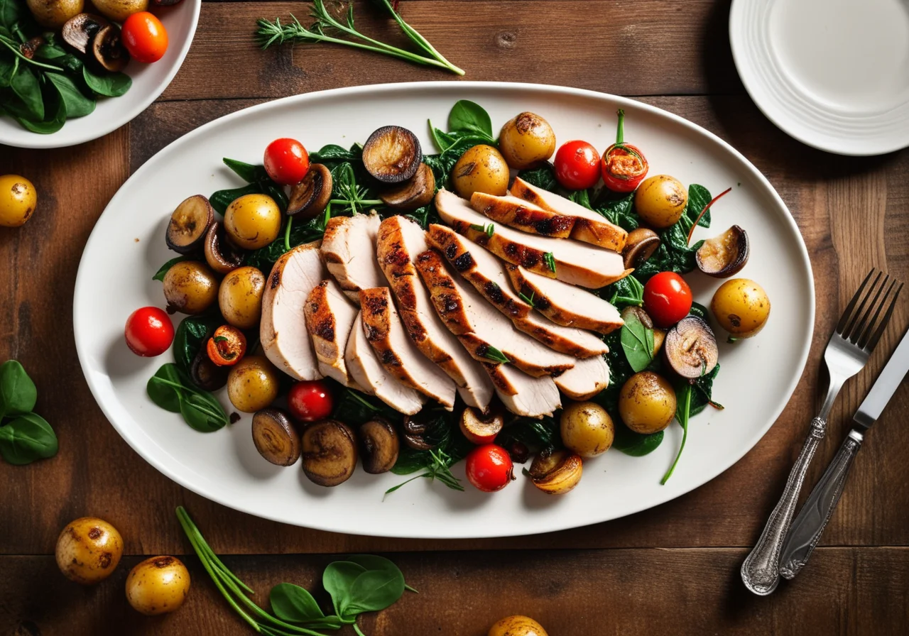 Chicken with Roasted Vegetables and Mushroom Spinach Skillet