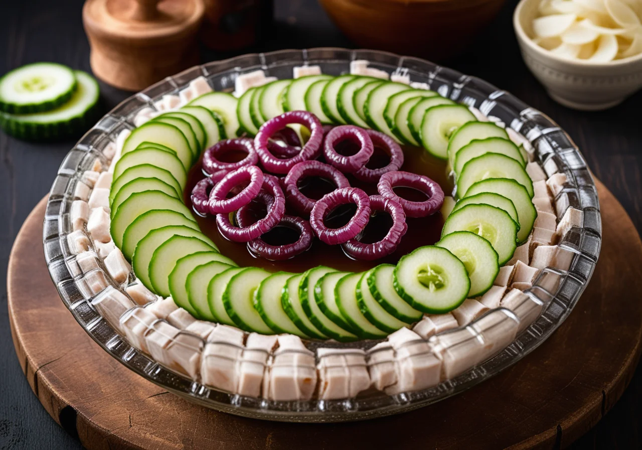 Pork Feet Aspic with Onions and Pickled Cucumbers