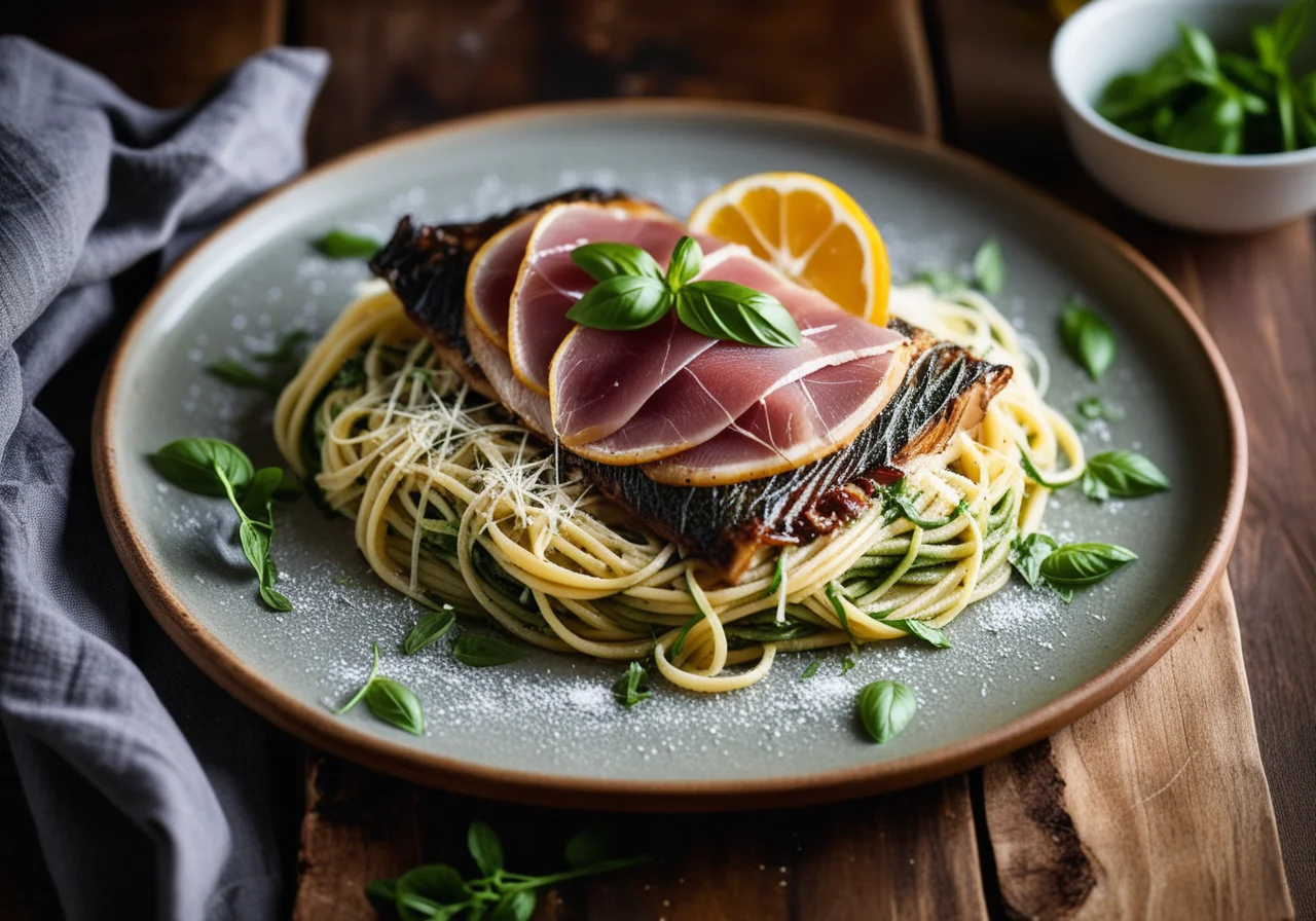 Black Sea Bream Wrapped in Prosciutto with Spaghetti