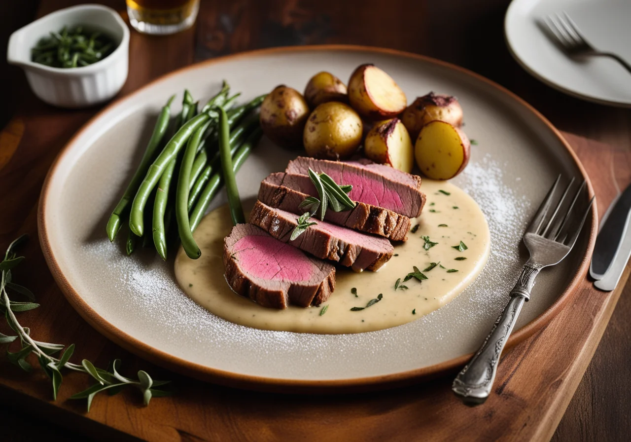 Veal steak with potatoes, beans and sage lemon sauce
