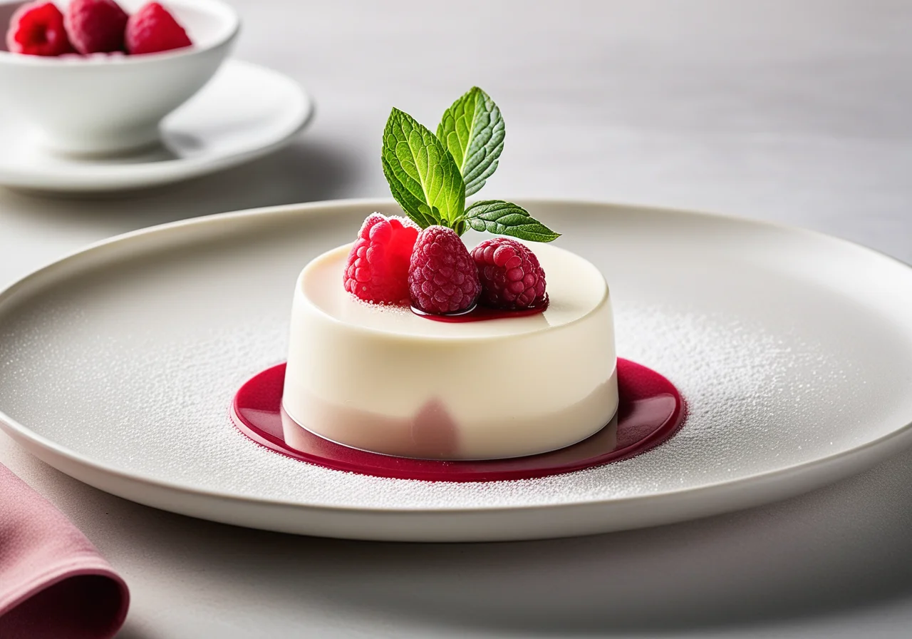 Panna cotta in asparagus wrap with rhubarb