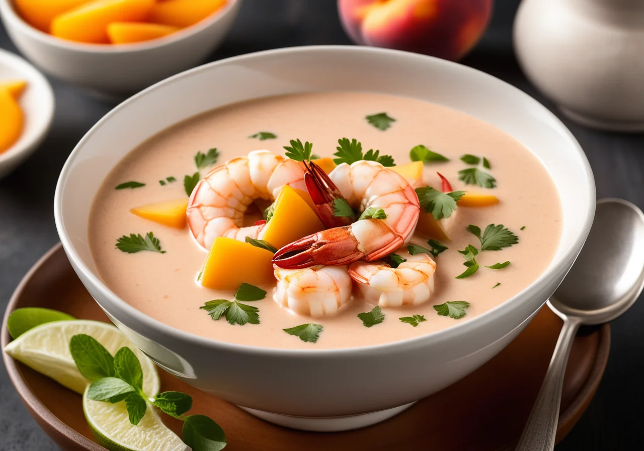 Spicy Yogurt Soup with Peach and Shrimp Tail