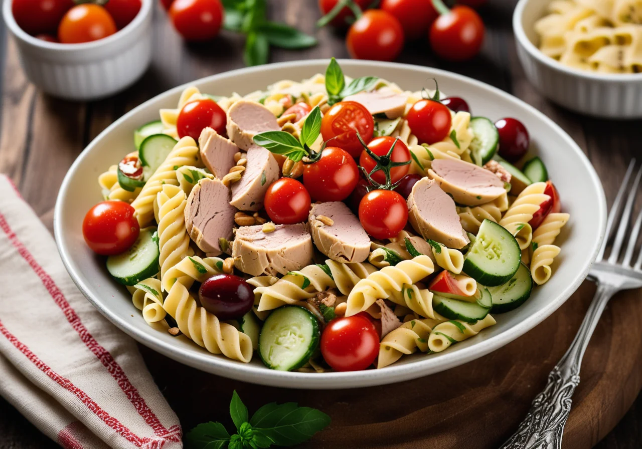 Colorful Pasta Salad with Chicken, Tomato and Nuts