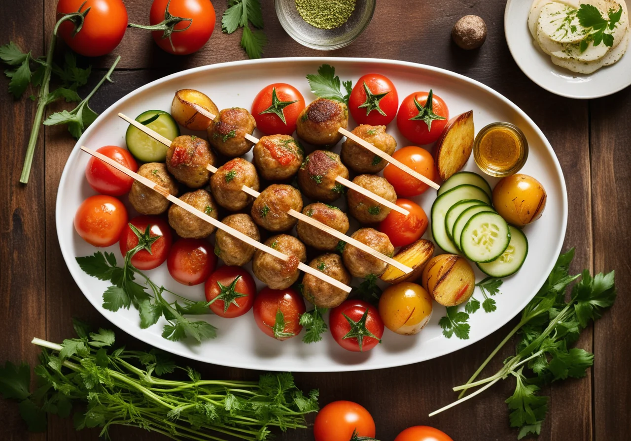 Meatball Skewers with Tomatoes and Country Potatoes