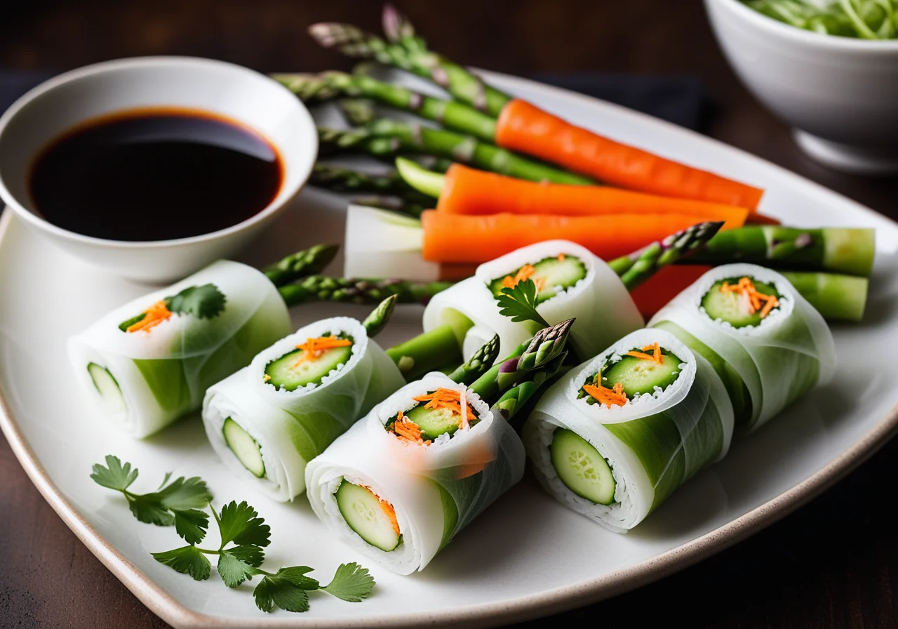 Rice Paper Rolls with Green Asparagus and Spicy Dip