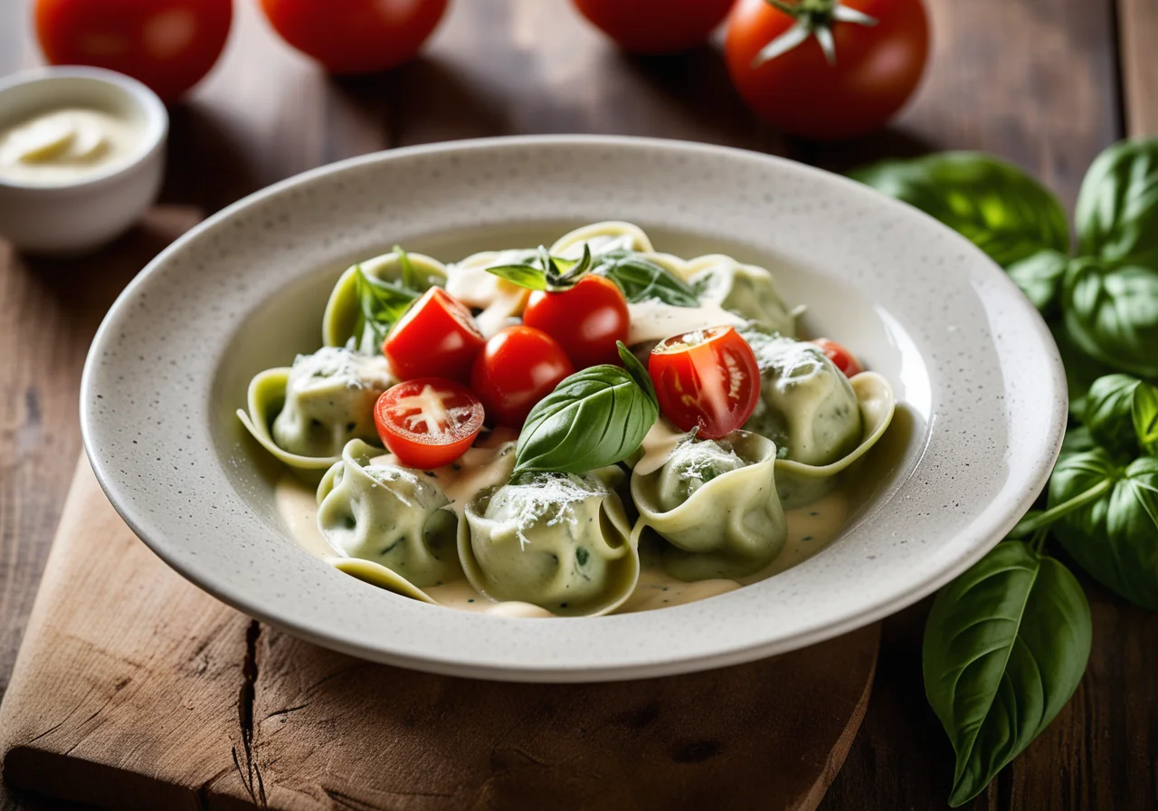 Green Tortellini with Cheese Sauce