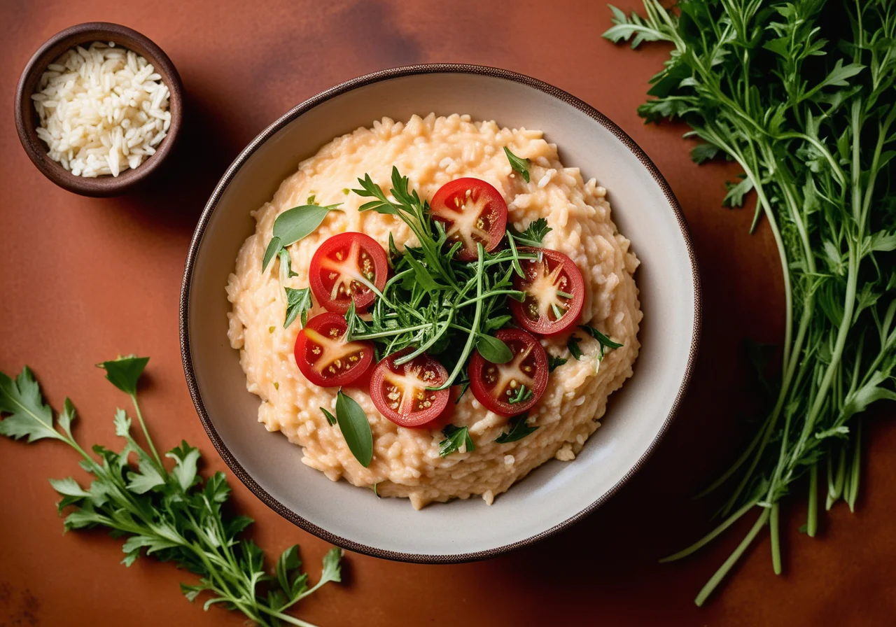 Risotto with Dried Tomatoes and Arugula topped with Goat Cheese