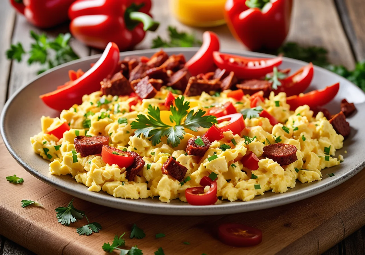 Scrambled Eggs with Bell Peppers and Chorizo