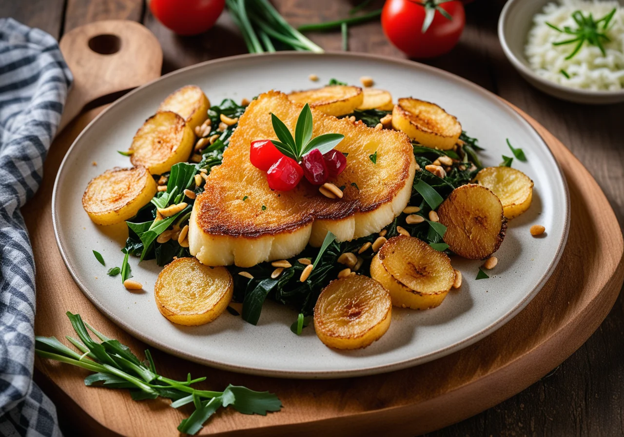 Pikeperch with Fried Potatoes, Swiss Chard and Tomato