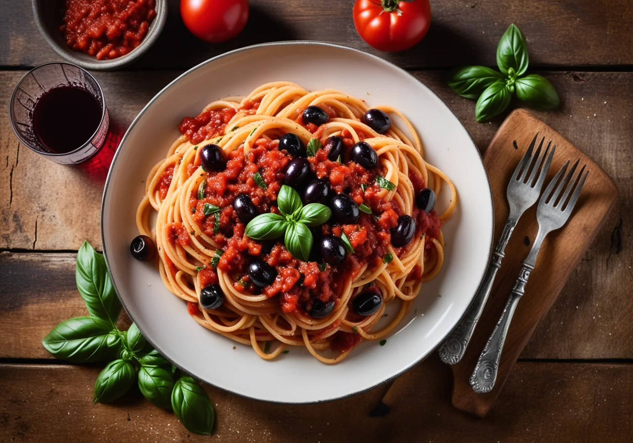 Spaghetti with Tomato Sauce and Olives