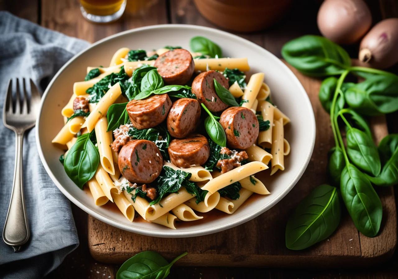 Pasta with Sausage and Spinach Sauce