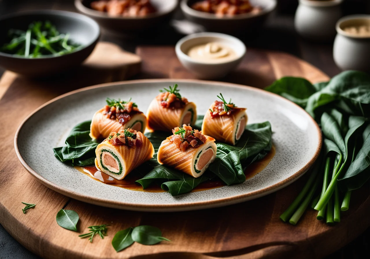Salmon Pancetta Rolls with Swiss Chard