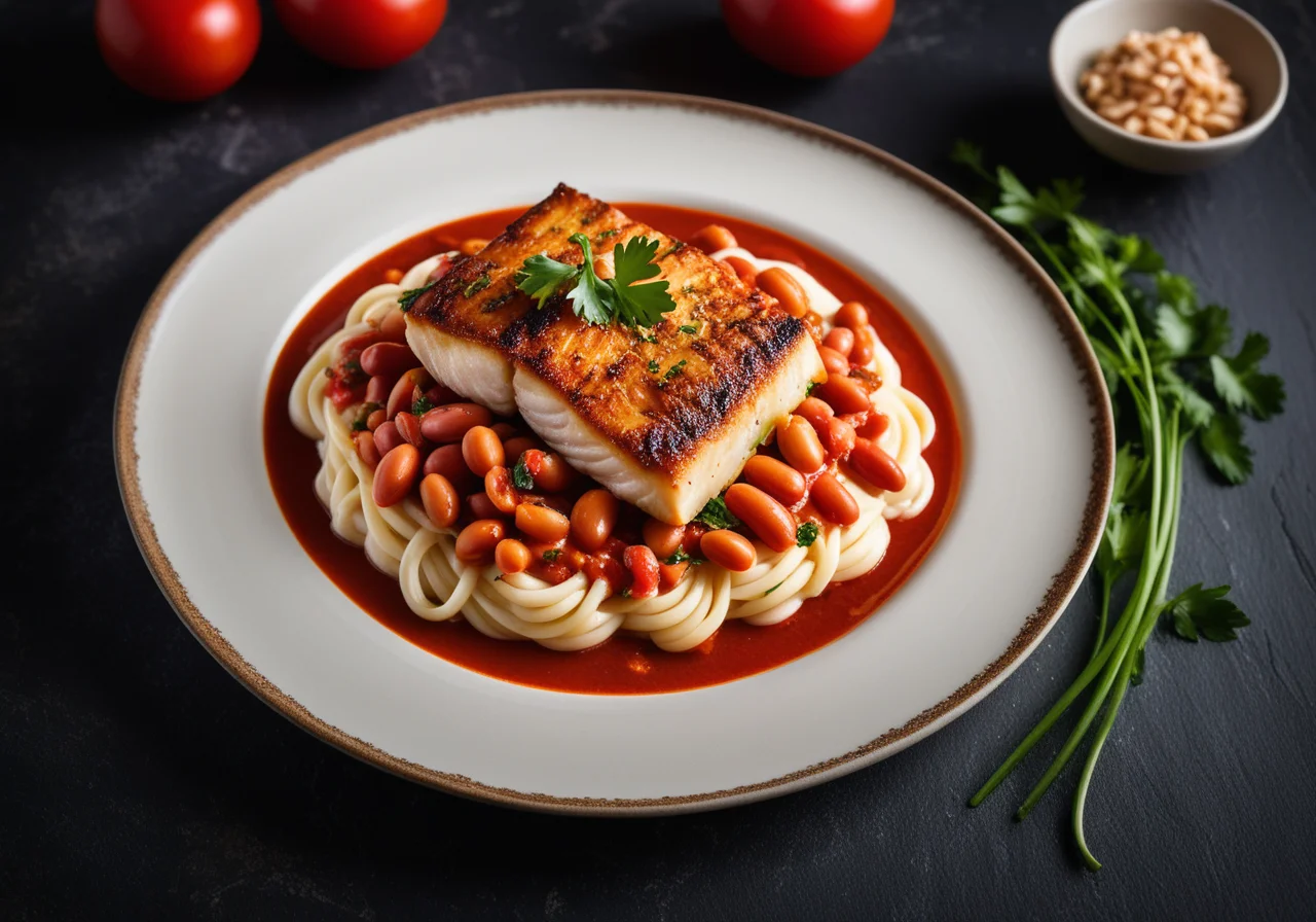 Pikeperch with Various Beans in Tomato Sauce