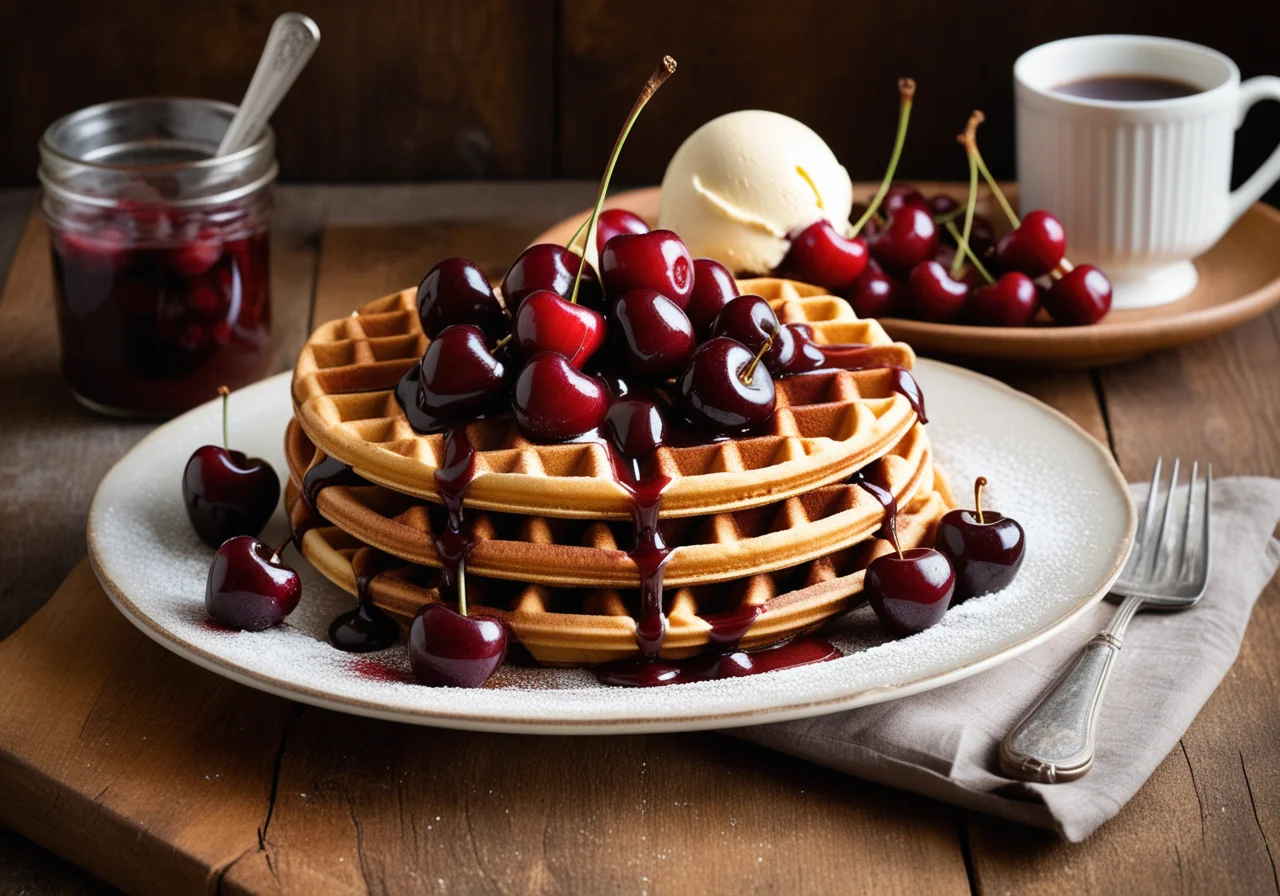 Chocolate Waffles with Cherries and Vanilla Ice Cream