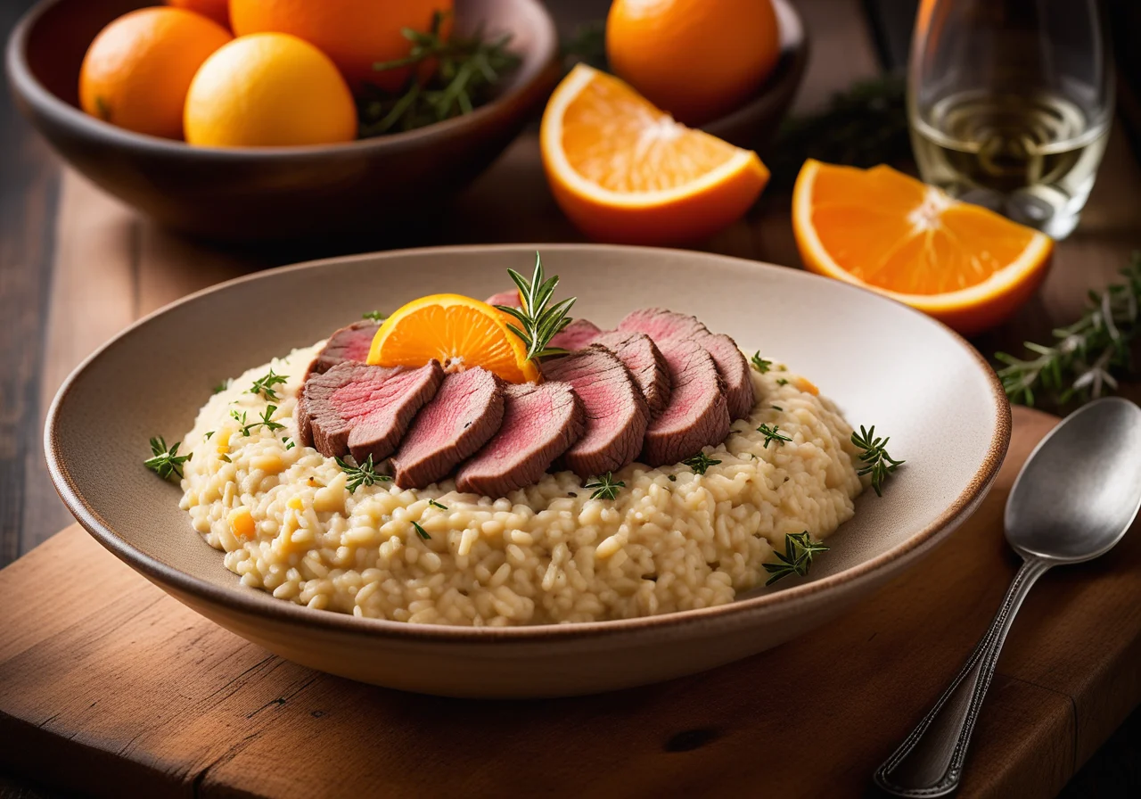 Grain Risotto with Blood Orange and Steak Strips