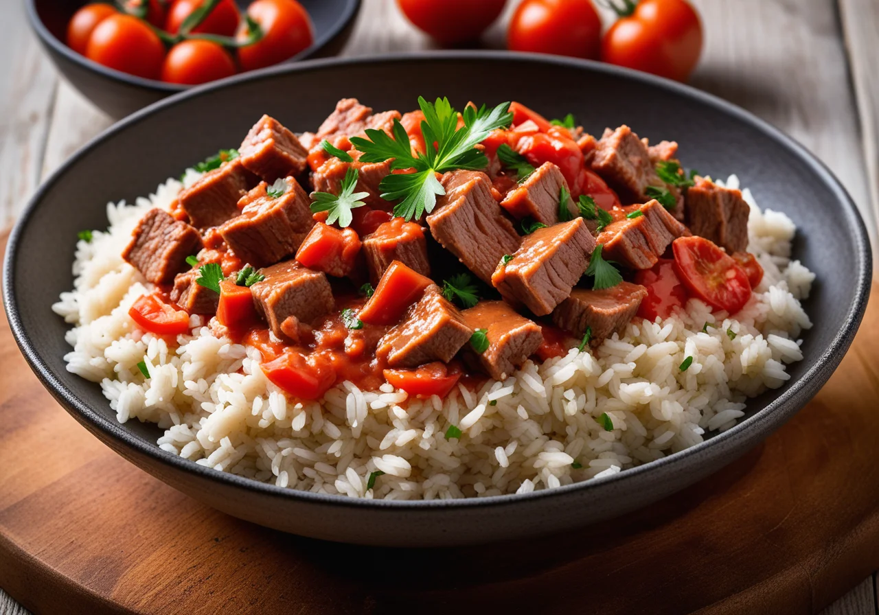 Veal Strips with Tomato Sauce Over Rice