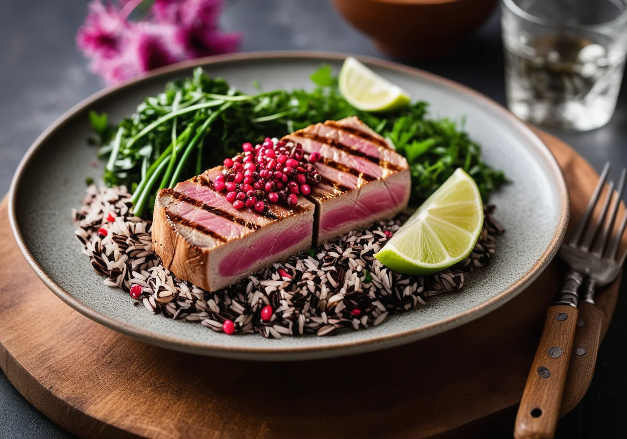 Grilled Tuna Steak with Rice and Lime