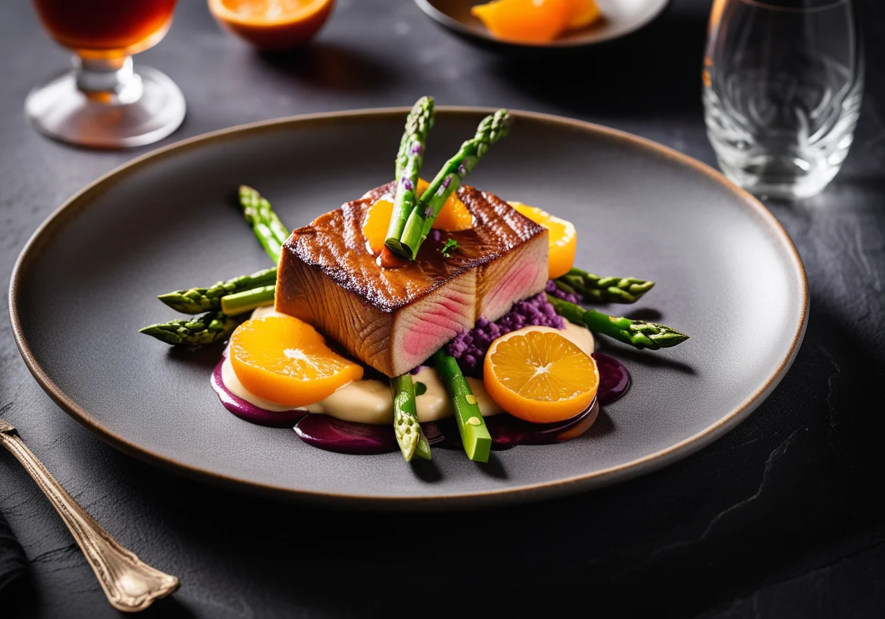 Red Barbel Fillet with Asparagus, Purple Potatoes and Citrus Fruits