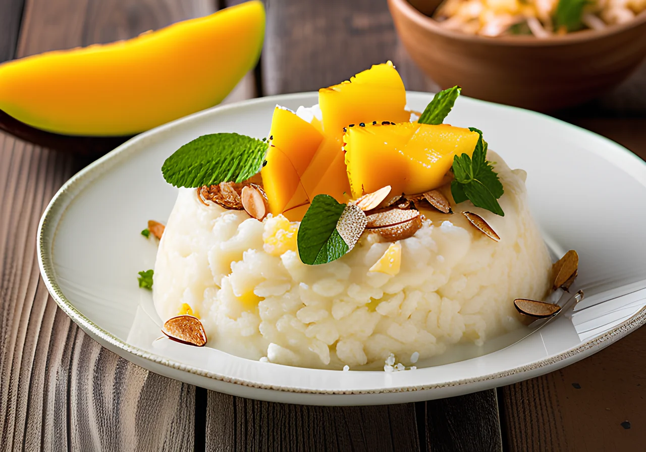 Lime Coconut Rice Pudding with Mango Pineapple Salad and Mint