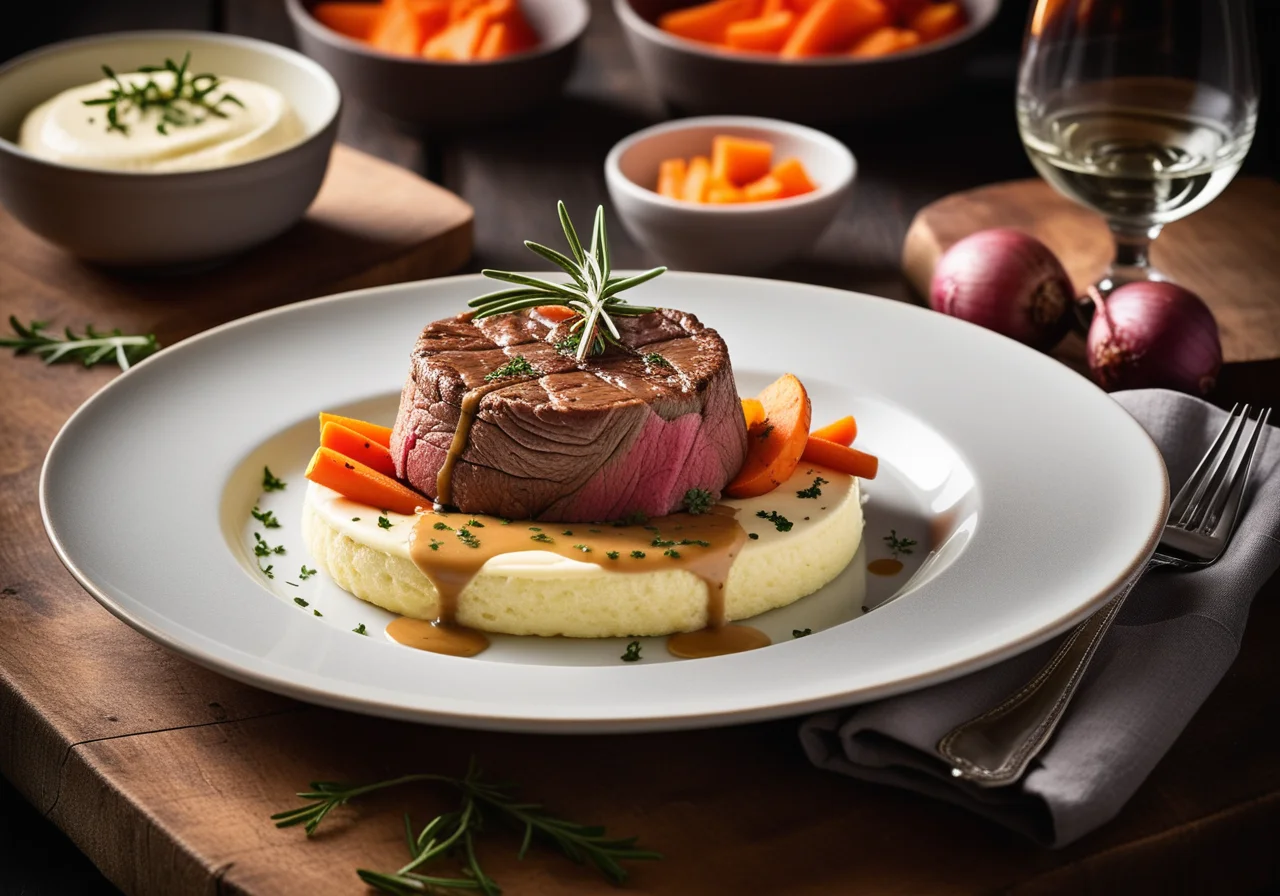 Poached Beef Fillet with Vegetables and Rosemary and Potato Herb Soufflé