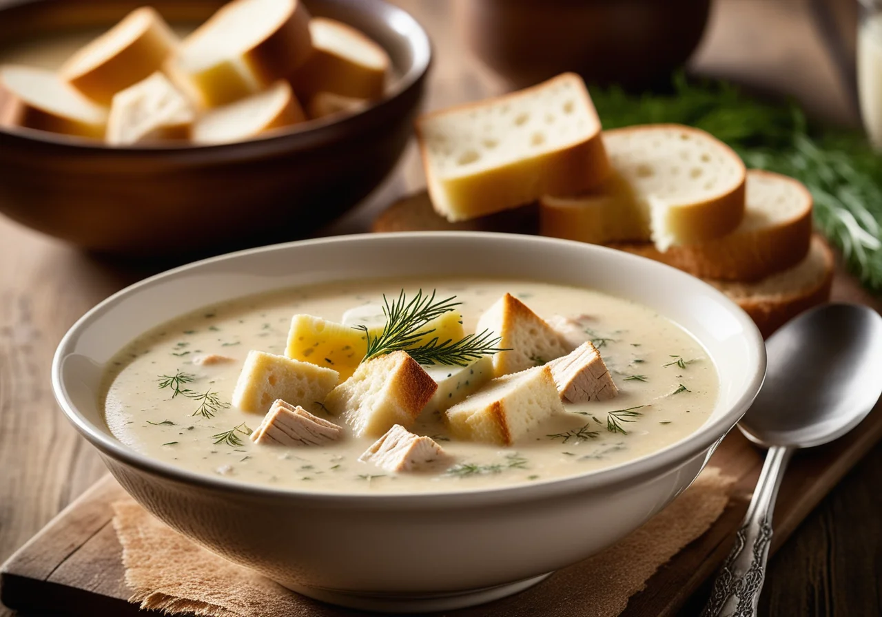 Fish Soup with Bread and Lemon Chicken