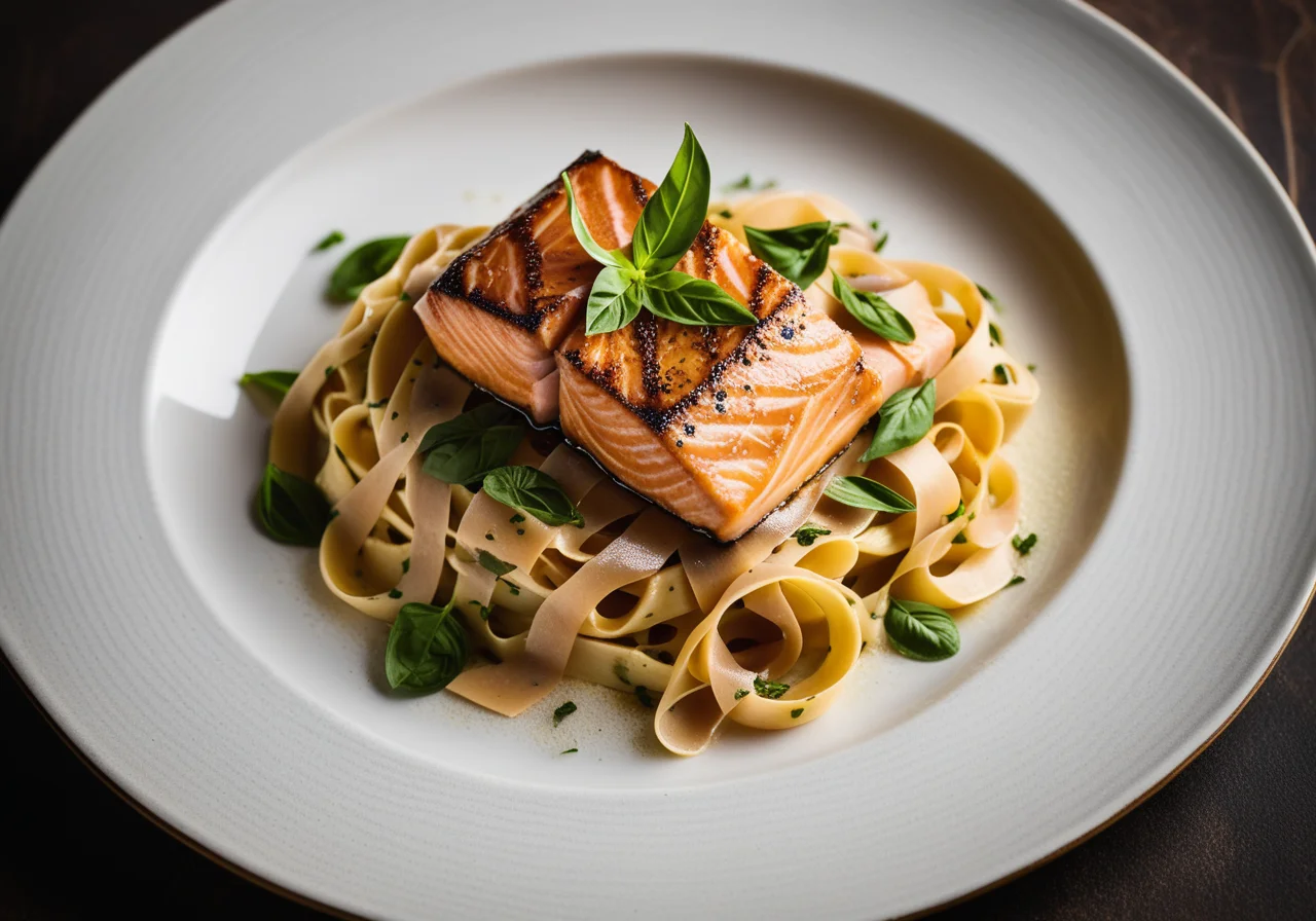 Salmon Fillet with Sepia Tagliatelle and Young Basil