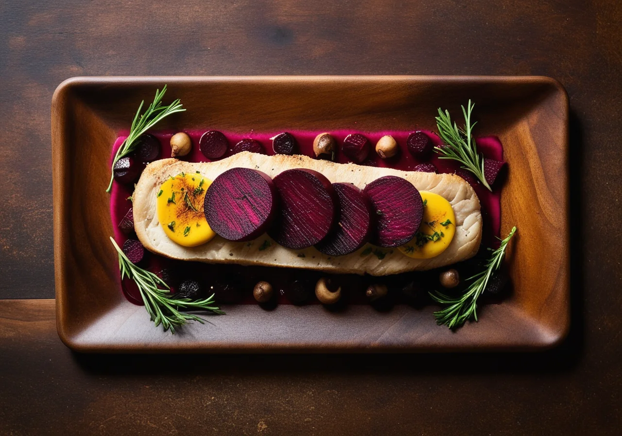 Waller with Porcini and Beetroot Sauce