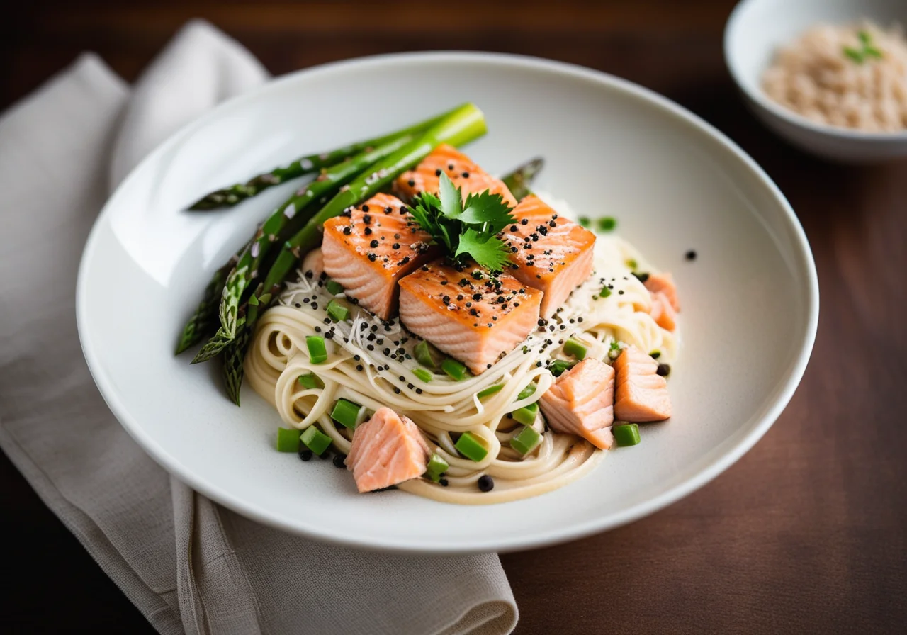 Thai Noodles with Asparagus and Peppered Salmon