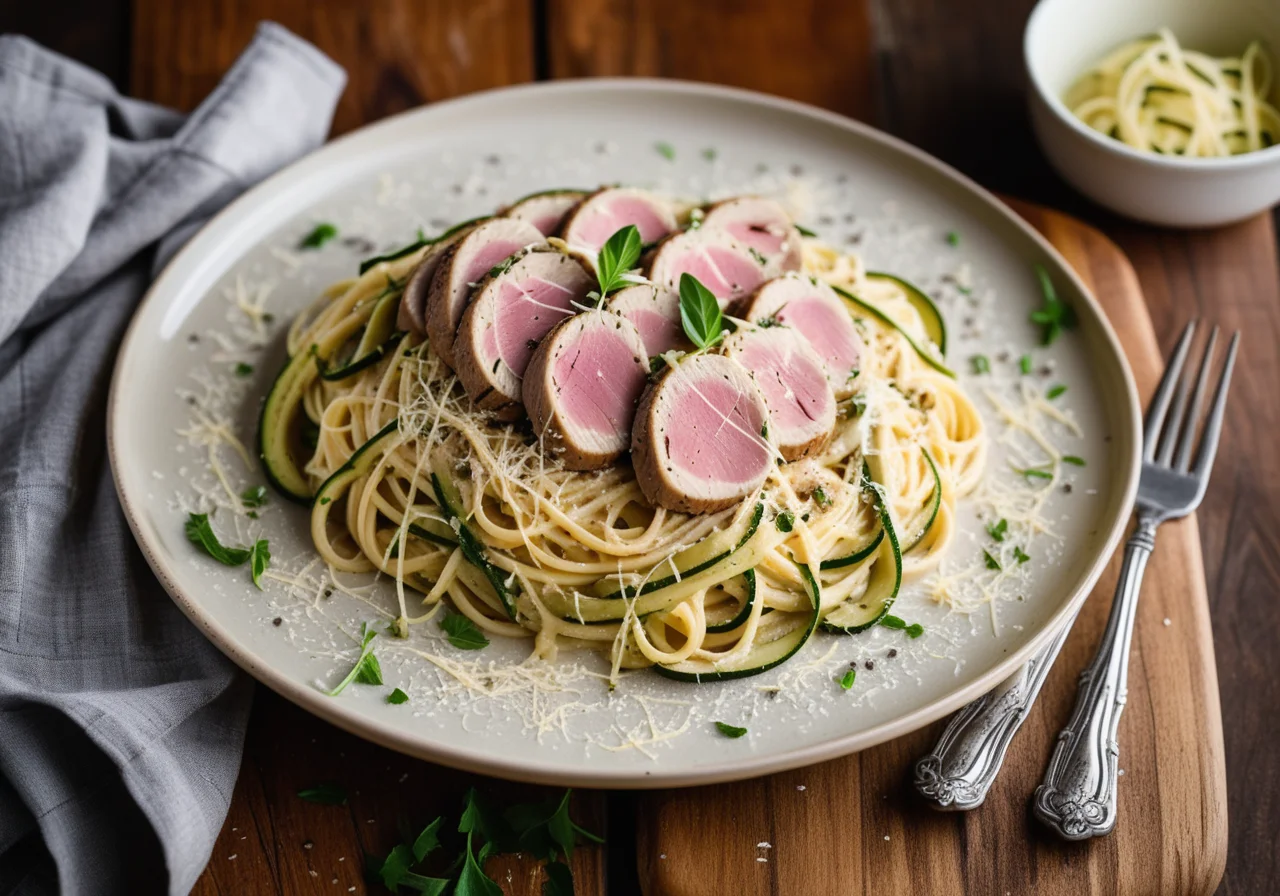 Spaghetti alla carbonara with Tuna and Zucchini