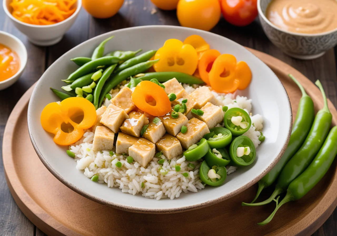 Asia Bowl with Lime Rice, Sugar Snap Peas, Tofu and Paprika Dip