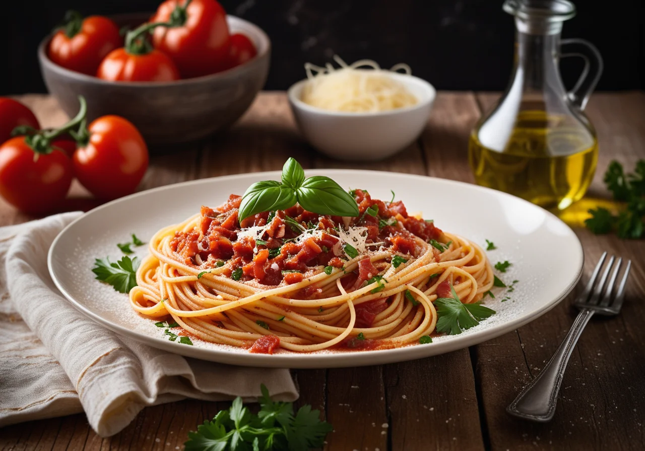 Spaghetti with Spicy Tomato Bacon Sauce (Amatriciana)
