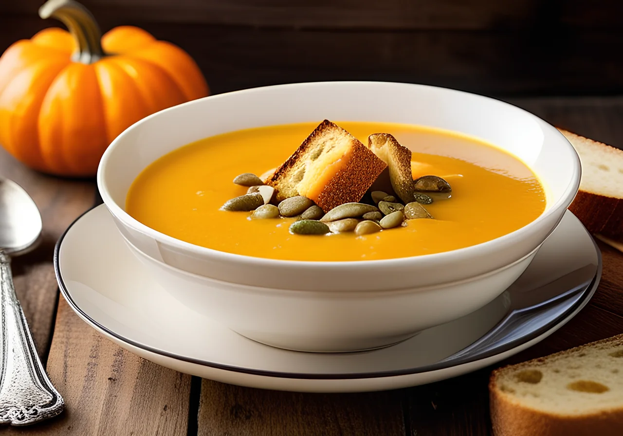 Creamy Pumpkin Soup with Bread Croutons
