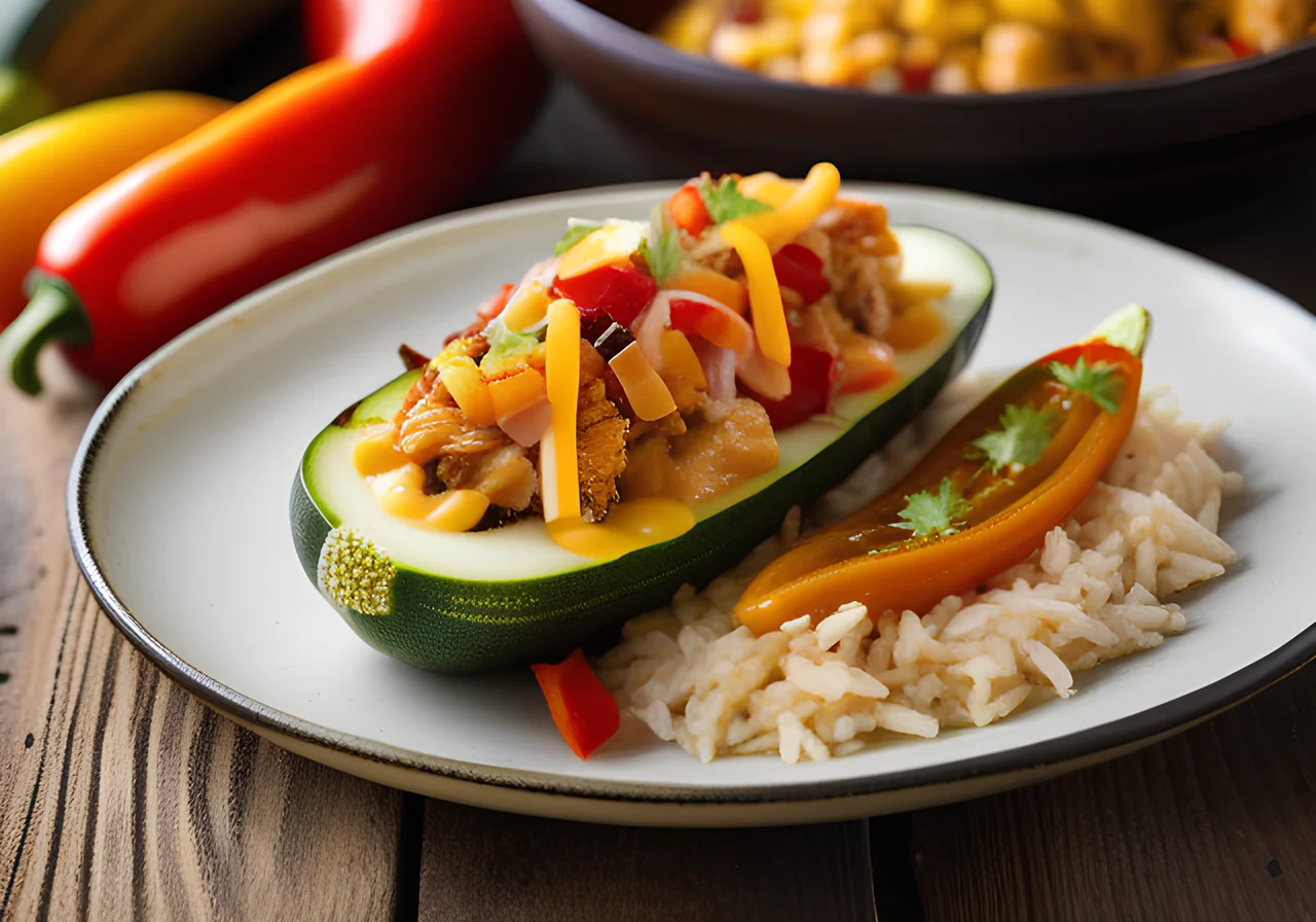 Zucchini Boats with Chicken, Rice and Bell Peppers