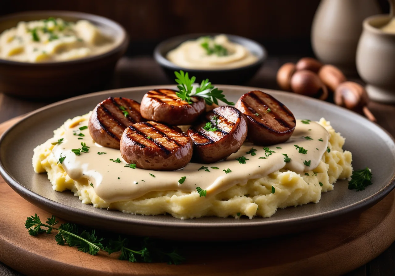 Grilled Sausages with Onion Sauce and Mashed Potatoes