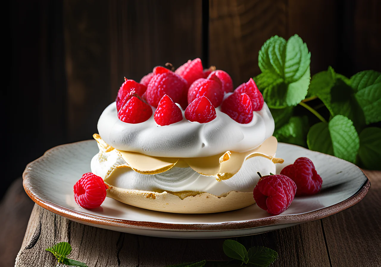 Russian Meringue Cake with Raspberries (Pavlova)
