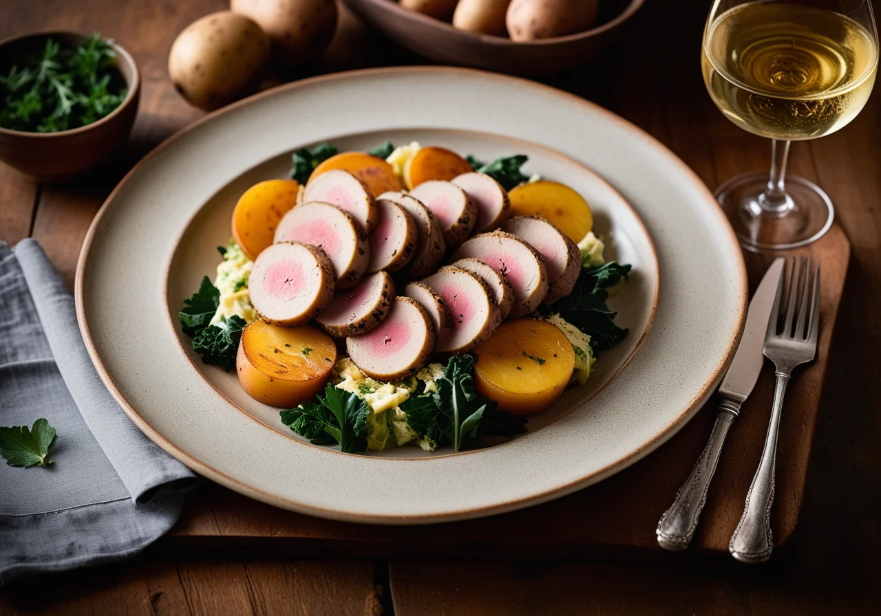 Rabbit back and liver with savoy cabbage and potatoes