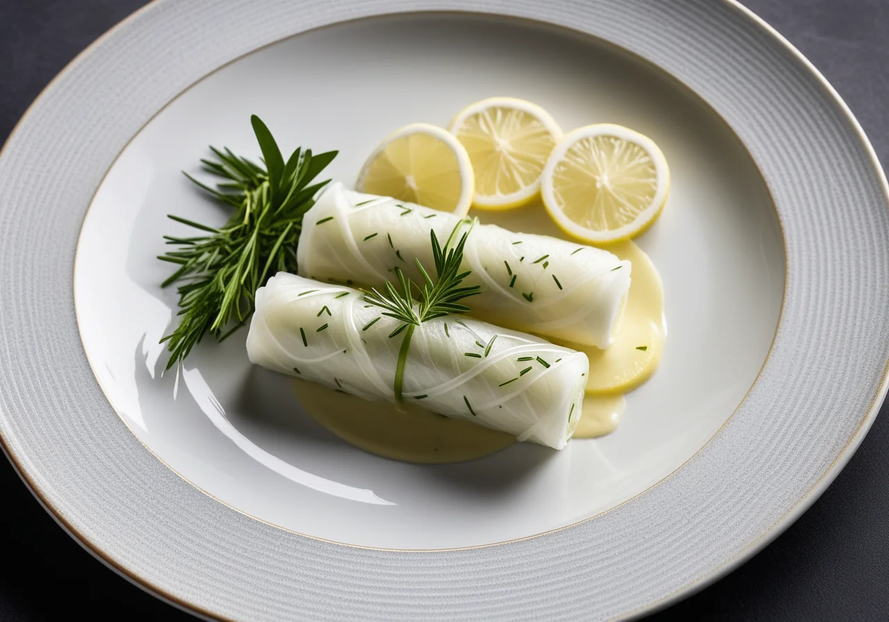 Sea bass rolls with cucumber and lemon