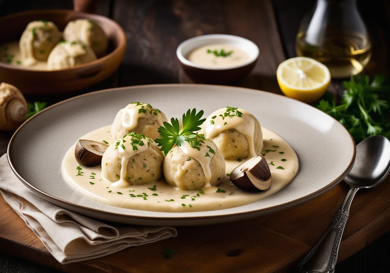 Bread Dumplings with Cream Mushroom Sauce