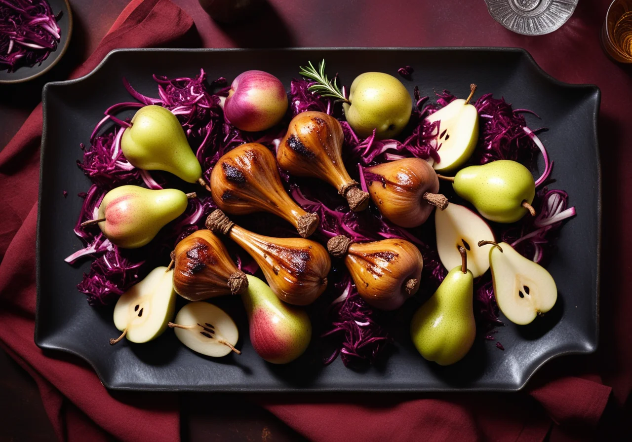 Roasted Goose Drumsticks with Pears and Red Cabbage