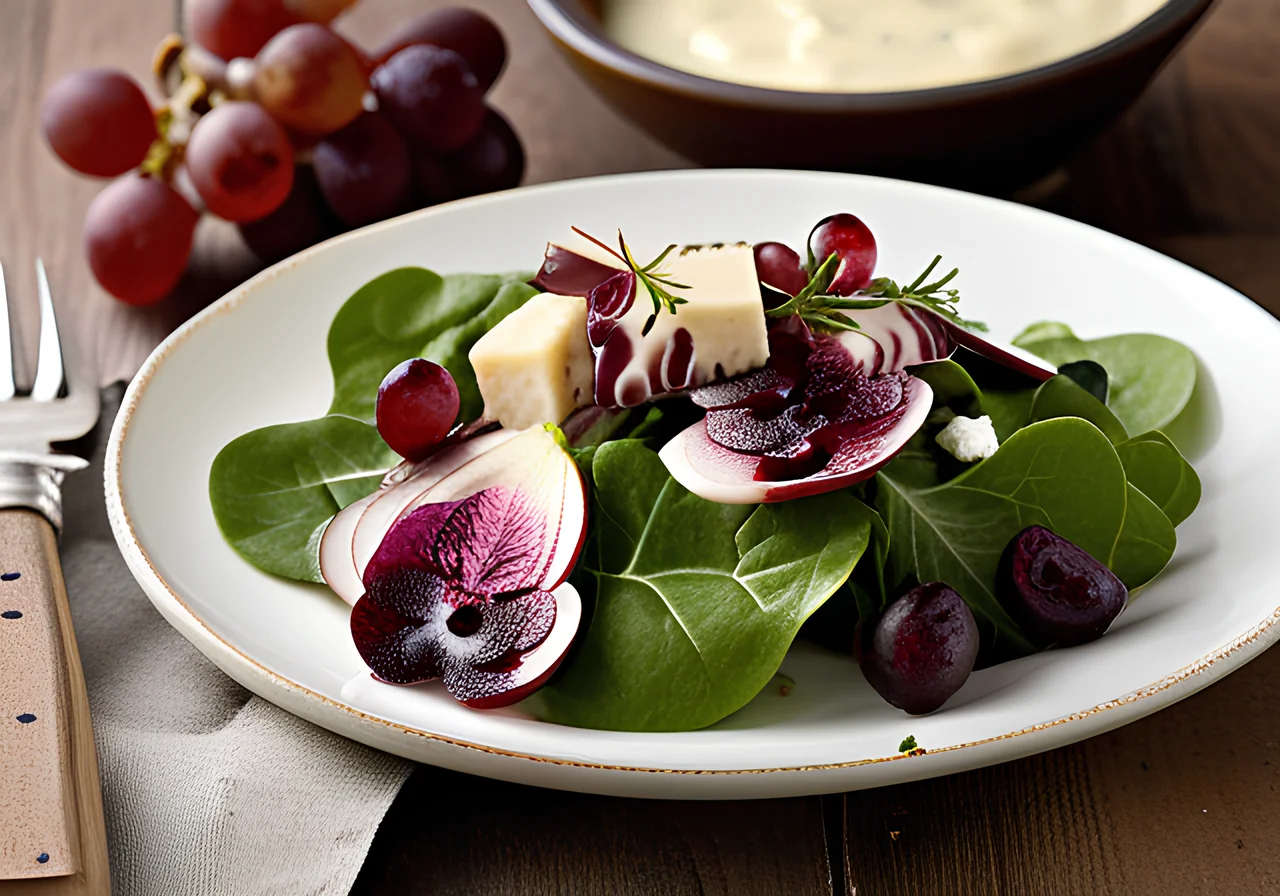Autumn Leafy Salad with Grapes and Cheese