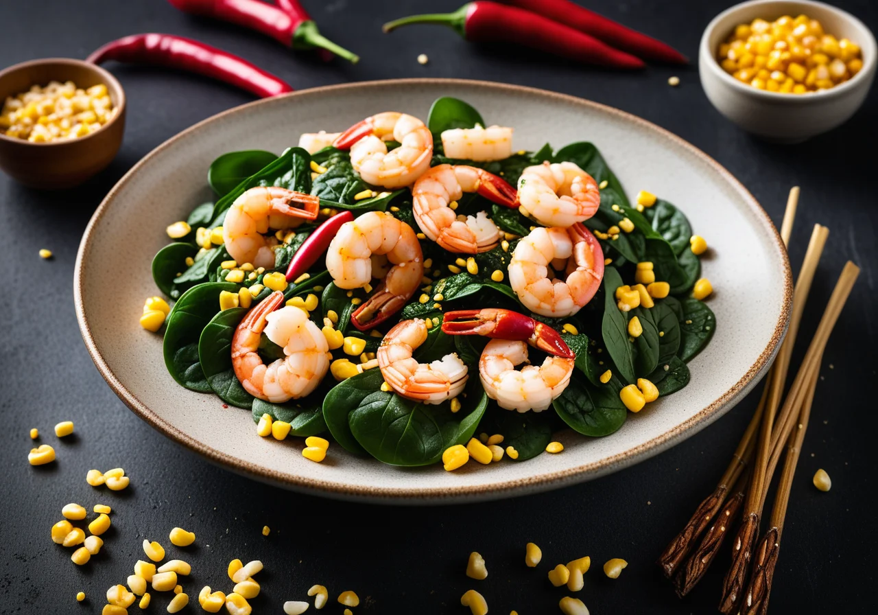 Spinach Shrimp Pan with Corn Kernels in Asian Style