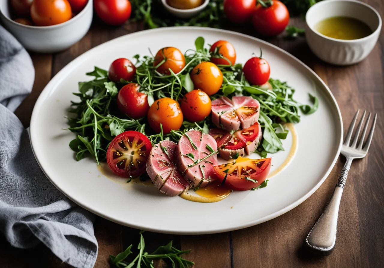 Tuna Carpaccio with Grilled Tomatoes and Arugula