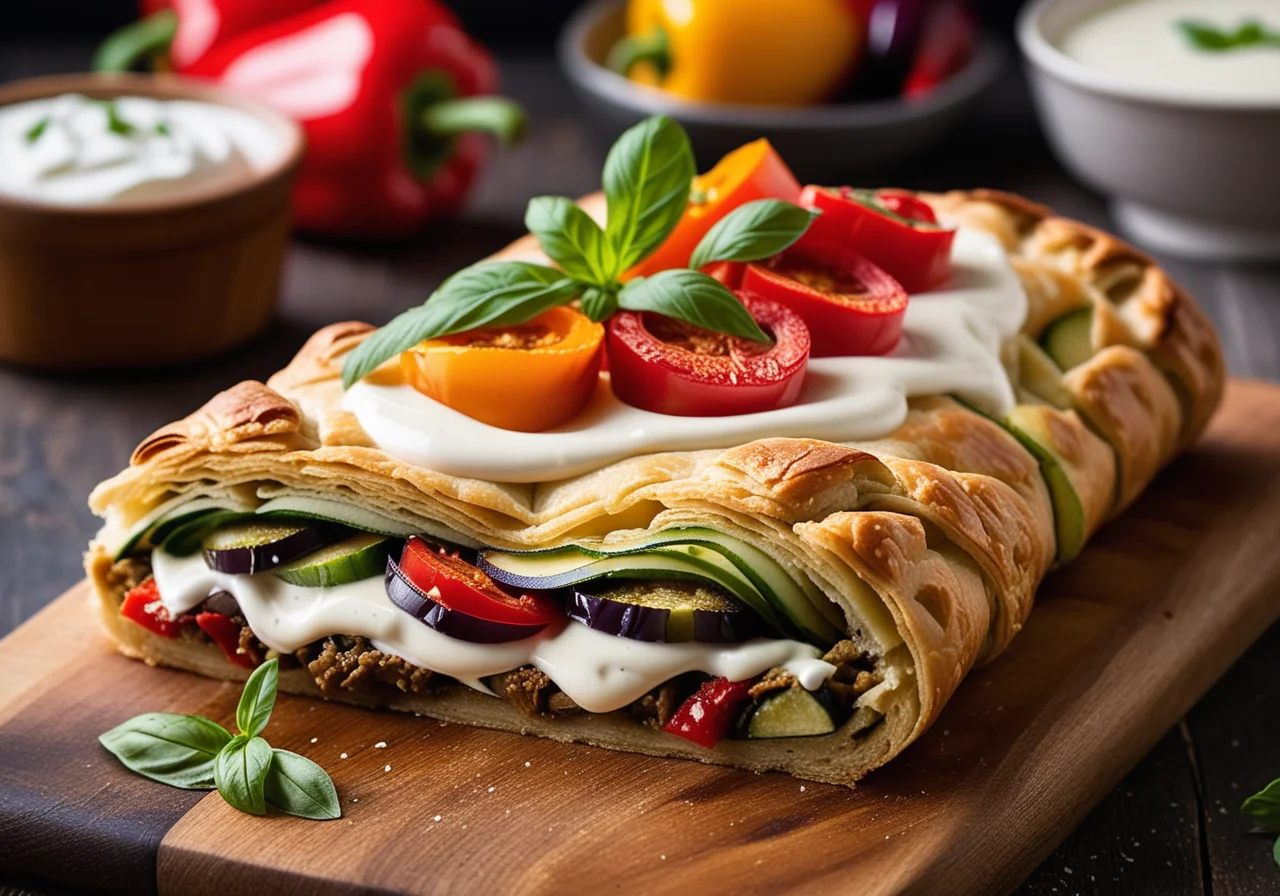 Vegetarian Strudel with Vegetables and Yogurt Sauce